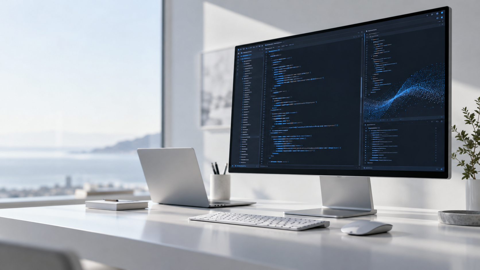 Estação de trabalho clara com monitor exibindo código