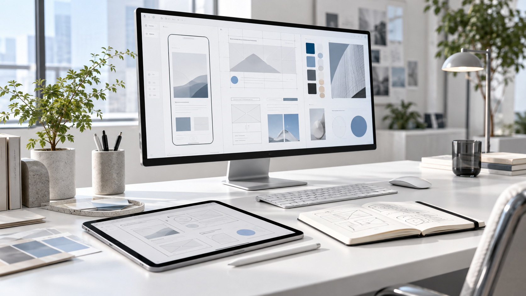Estação de trabalho com wireframes, layouts e paleta de design
